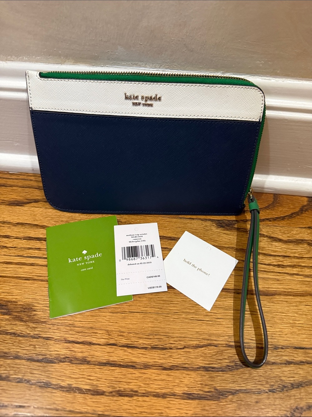 kate spade navy, white & green colorblock zip wristlet with strap